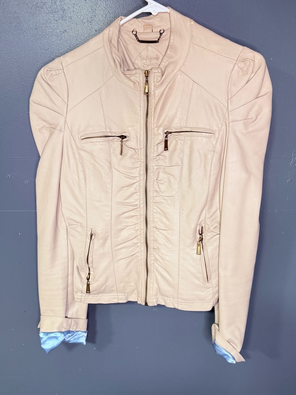 Women's Cream Faux Leather Zip-Up Jacket with Ruched Front